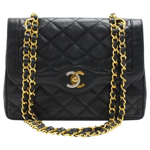 Authentic CHANEL Paris Limited Double Flap Bag Black Purse Lambskin Chain Gold - Picture 1 of 12